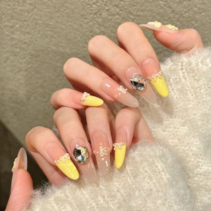 Handmade Yellow Butterfly Bow Press On Nails With Rhinestone Artificial Pearl 3D Flower Design Long Almond French Style Fake Nails For Women