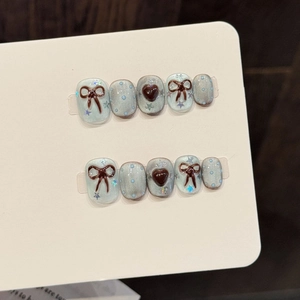 Handmade Press On Nails With 3D Bow Heart Decorations Cat Eye Blue Gray Base Sweet Vintage Style Full Cover False Nails