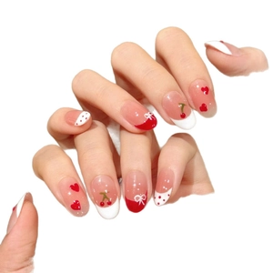 Handmade oval press-on nails with sweet cherry designs, red hearts and white bows
