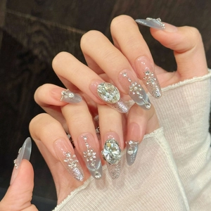 Faux Ongles de Luxe Faits à la Main Bleu Aurora Oeil de Chat Décoration Exquise en Strass et Künstliche Perles Ovale Long Stiletto Mince pour Femme
