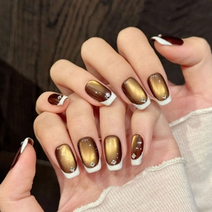 Brown Cat Eye French Tip Press On Nails White Edge Rhinestone Accents Luxury Square Shape Handmade Fake Nails For Women Daily