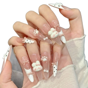 Handmade pink gradient press-on nails with 3D bunny and almond-shaped French tips