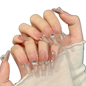 Pink gradient press-on nails with 3D crystal butterfly and pearl accents for women