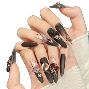 Gothic press-on nails with 3D silver snake, dark red roses, and purple butterfly accents