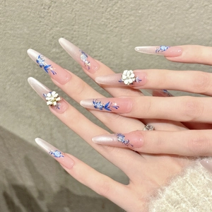 Pink and white gradient stiletto press-on nails with blue floral hand-painted 3D art