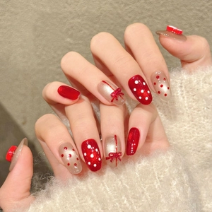 Handmade 3D Red Apple Bow Polka Dot Press On Nails Short Oval Sweet Vintage Cat Eye Effect Artificial Finger Nails