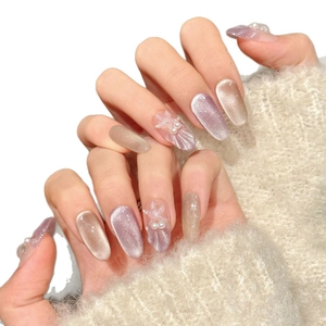 Purple cat eye almond press on nails with 3D pearls and champagne gold accents