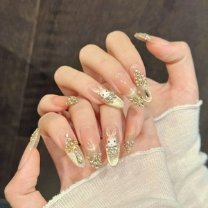Handmade Press On Nails Pink Gradient Cat Eye With 3D Bunny Rhinestone Artificial Pearl Almond Shape Fake Nails Set For Women Beauty
