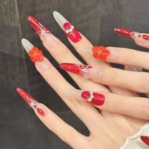 Unghie a Pressione Fatte a Mano Stiletto Rosso Occhio di Gatto Fiore 3D Strass Fiocco Lussuoso Elegante Unghie Finte Donna