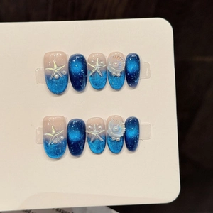 Handmade Blue Ocean Theme Press On Nails 3D Sea Star Shell Artificial Pearl Decor Cat Eye Effect Short Oval Nails For Women Beauty