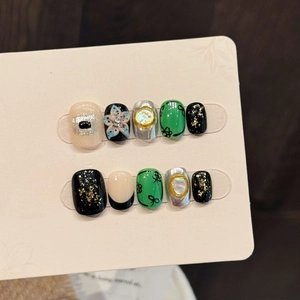 Handmade Press On Nails Short Square Round 3D Flower Bowknot Design Emerald Green Black Silver Foil Artificial Nail Tips