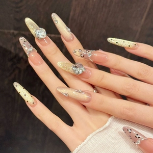 Luxury long press-on nails with champagne gold cat-eye effect and leopard print details