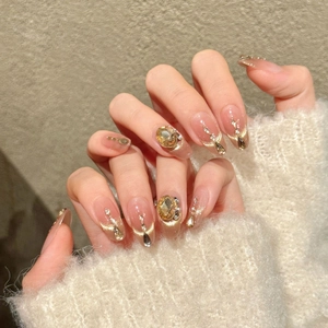 Handmade Pink Gradient Cat Eye Press On Nails Luxury Rhinestone Embellished Glossy Fake Nails With Jelly Glue Tool Kit