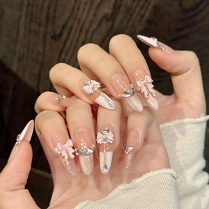 Handmade Pink Orange Gradient Bow Press On Nails Long Oval Almond Cat Eye Rhinestone Artificial Pearl Luxury Sweet Women Fake Nails