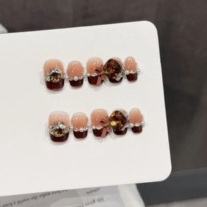 Extra Short Trapezoid Press On Nails Brown Pink Gradient 3D Bow Rhinestone Artificial Pearl Hand Made Refined Elegant False Nails