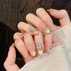 Handmade Pink Gradient Gold Cat Eye Press On Nails With Rhinestones Artificial Pearls Short Oval False Nails For Women