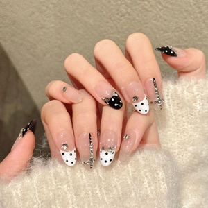 Unghie Finte Fatte a Mano Pois Bianchi e Neri Design Francese Fiocco di Strass Stile Dolce Cool Unghie Riutilizzabili Donna