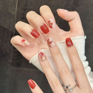 Chinese style red and gold koi gradient press-on nails with elegant gilding patterns
