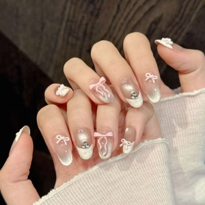 Handmade Pink Gradient Cat Eye Press On Nails With Sweet Bow Rhinestone Decoration For Women Professional Manicure Set