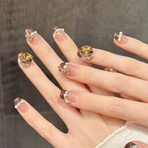 Brown ombre press-on nails with 3D bows, pearls and amber rhinestones for women