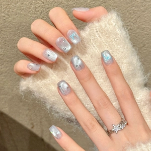 Blue bow and silver star cat eye press-on nails with matching star shaped ring