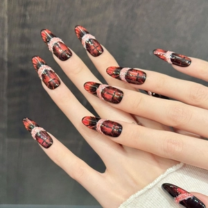 Handmade Dark Gothic Press On Nails Blood Red Black Gradient Cat Eye Effect Cross Design 3D Relief False Nails For Women