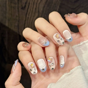 Handmade Pink Blue Gradient Press On Nails Cat Eye Design Rhinestone Star Ornaments Dreamy French Tip False Nails For Women
