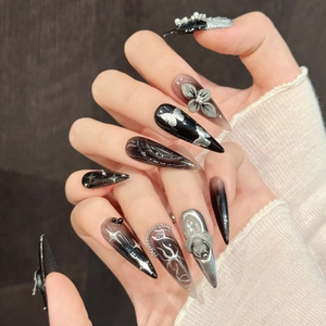Dark Gothic Long Stiletto Press On Nails Handmade Black Silver Skull Butterfly Cross Rhinestone 3D Relief Punk Nail Art For Women