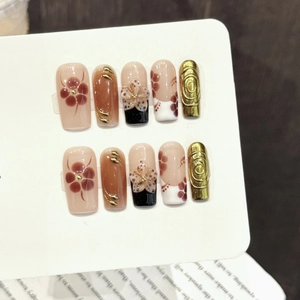 Handmade Press On Nails Vintage Pink Brown Floral Gold Relief 3D Flower Long Square False Nails For Women Luxurious Manicure