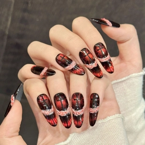 Gothic dark red ombré cat-eye press-on nails with black cross and textured white velvet trim