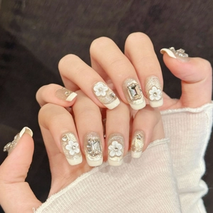 Handmade Champagne Gold Glitter Press On Nails With 3D White Flower Elegant Rhinestone Luxury French Style Fake Nails For Women