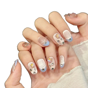 Pink and blue gradient handmade press-on nails with sparkling star sequins and rhinestones