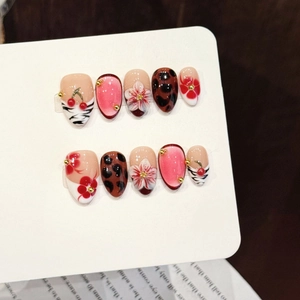 Handmade Cherry Design Press On Nails Sweet Cool Leopard Print 3D Flower Embossed Pink Cat Eye Almond Shape Artificial Nails