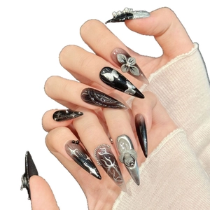 Dark gothic black and silver stiletto press-on nails with butterfly and metal chains