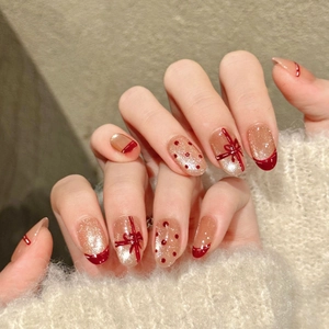 Faux Ongles à Coller Faits à la Main Œil de Chat Rose Nude Paillettes Ongles Ovales Courts Avec Nœud Rouge Pois French Manucure