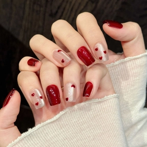 Handmade Red Heart Color Block Press On Nails Short Coffin Square Reusable False Nails Tool Women Sweet Romantic Nail Art