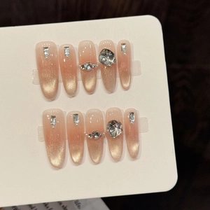 Handmade Luxury Gold Cat Eye Gradient Press-on Nails Long Almond Shape Rhinestone Artificial Pearl Exquisite Fake Nails Set For Women