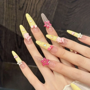 Pink and yellow gradient stiletto press-on nails with 3D pig and star charms