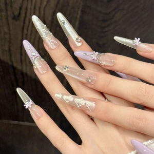 Faux Ongles à Coller Faits à la Main Dégradé Rose Violet Luxe Nœud 3D Oeil de Chat Ongles Stiletto Longs Avec Strass Femme