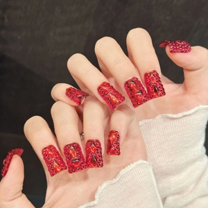 Luxury Red Handmade Press On Nails Full Rhinestone 3D Heart Jeweled Square Long Fake Nails For Women Party Nail Art Decor