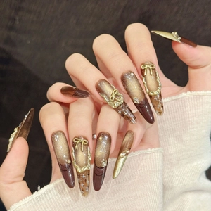 Handmade Brown Gold Gradient Cat Eye Press On Nails Vintage Luxury Long Stiletto Butterfly Bowknot 3D Wearable Fake Nails