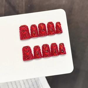 Handmade 10pcs red rhinestones press-on nails with 3D crystal hearts and gems