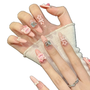 Pink 3D bear and bowknot stiletto press-on nails with glitter rhinestones