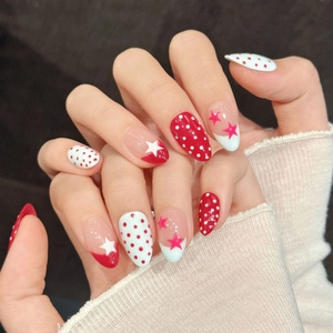 Handmade Almond Press On Nails Red White Polka Dot Star Pattern Sweet Style Artificial False Nails For Women