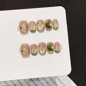 Handmade Press On Nails Set Nude Pink Cat Eye Shimmer With 3D Gold Bow And Green Apple Charms Short Trapezoid French Tips