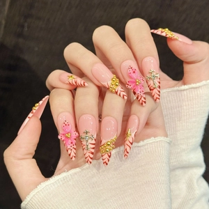 Handmade Pink Press On Nails With 3D Flowers Metal Cross Gold Beads Luxury Stiletto Long Almond Fake Nails For Women Party