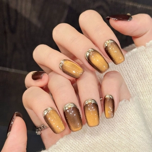 Faux Ongles Faits à la Main Œil de Chat Caramel Avec Strass Pointe Française Métallique Court Carré Dégradé Ongles à Coller Pour Femmes
