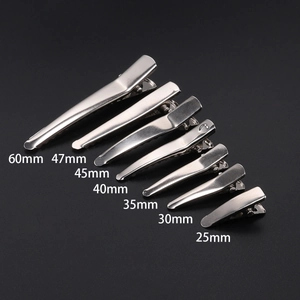 Silver metal duckbill hair clips in seven different sizes from 25mm to 60mm for DIY crafts