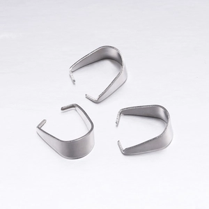 Three stainless steel pinch bails for pendant necklaces shown from multiple angles