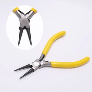Detailed close-up of carbon steel round nose pliers with yellow non-slip handles for DIY jewelry